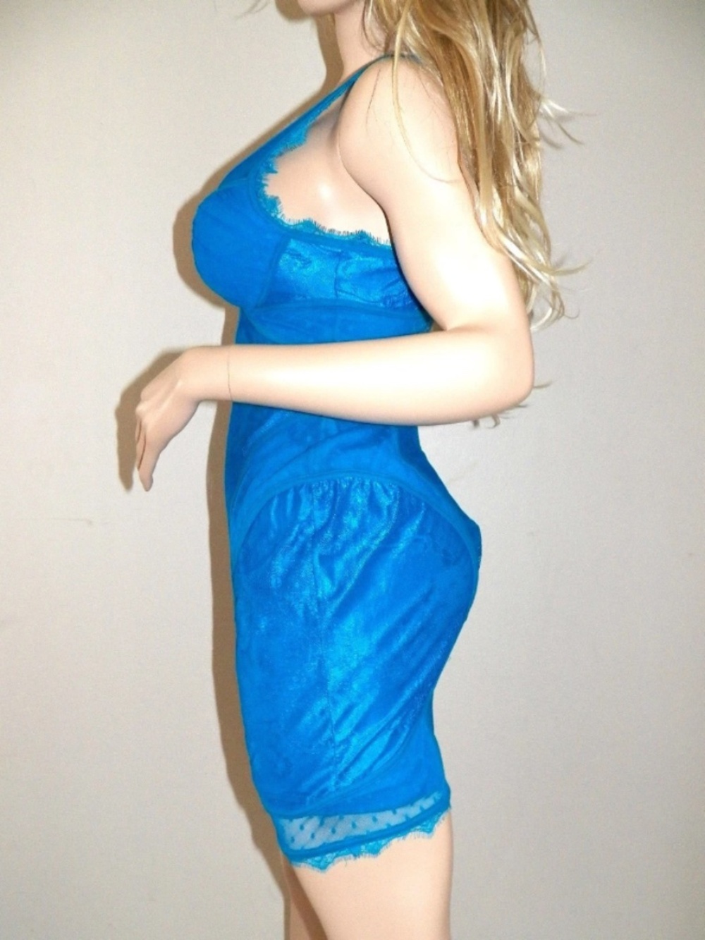 bebe blue Dress S Small Lace Overlay deep V Neck Corset Bustier lingerie straps - Picture 3 of 5